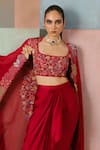 Shop_Mishru_Red Tulle, Satin Embroidery Open , Square Lea Cape Draped Skirt Set 