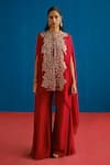 Mishru_Red Organza Embroidery, Zari Round , Sweetheart Aurea Cape Pant Set _Online_at_Aza_Fashions