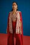 Shop_Mishru_Red Organza Embroidery, Zari Round , Sweetheart Aurea Cape Pant Set _Online_at_Aza_Fashions