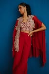 Mishru_Red Organza Embroidery, Zari Round , Sweetheart Aurea Cape Pant Set _at_Aza_Fashions