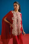 Buy_Mishru_Red Organza Embroidery, Zari Round , Sweetheart Aurea Cape Pant Set 