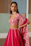 Mishru_Fuchsia Tulle, Organza, Silk Embroidery V-neck Ruhani Floral Lehenga Set _Online_at_Aza_Fashions