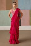 Buy_Mishru_Fuchsia Tulle, Crepe, Organza Nica Corset Blouse With Pre-draped Saree _Online_at_Aza_Fashions