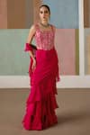 Shop_Mishru_Fuchsia Tulle, Crepe, Organza Nica Corset Blouse With Pre-draped Saree _Online_at_Aza_Fashions