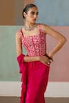 Mishru_Fuchsia Tulle, Crepe, Organza Nica Corset Blouse With Pre-draped Saree _at_Aza_Fashions