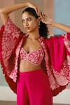 Mishru_Fuchsia Organza Embroidery, Sequins Kalie Cape Bustier And Flared Pant Set _Online_at_Aza_Fashions