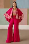 Buy_Mishru_Fuchsia Organza Embroidery, Sequins Kalie Cape Bustier And Flared Pant Set _at_Aza_Fashions