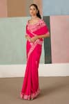 Mishru_Fuchsia Silk Embroidery, Metallic Thread Square Vida Floral Saree With Blouse _Online_at_Aza_Fashions