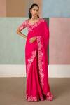 Buy_Mishru_Fuchsia Silk Embroidery, Metallic Thread Square Vida Floral Saree With Blouse _at_Aza_Fashions