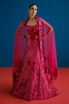 Buy_Mishru_Fuchsia Velvet, Tulle Sequins, Embroidery Audrey Floral Corset Lehenga Set _at_Aza_Fashions