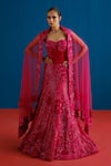 Mishru_Fuchsia Velvet, Tulle Sequins, Embroidery Audrey Floral Corset Lehenga Set _Online_at_Aza_Fashions