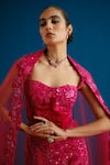 Buy_Mishru_Fuchsia Velvet, Tulle Sequins, Embroidery Audrey Floral Corset Lehenga Set _Online_at_Aza_Fashions