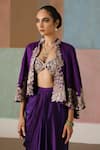Shop_Mishru_Purple Tulle, Satin Embroidery, Metallic Thread Marielle Cape Draped Skirt Set _Online_at_Aza_Fashions