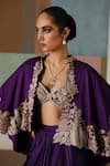 Buy_Mishru_Purple Tulle, Satin Embroidery, Metallic Thread Marielle Cape Draped Skirt Set 