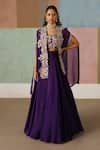 Buy_Mishru_Purple Tulle, Organza Embroidery, Zari Open Neck, Avi Cape Lehenga Set _at_Aza_Fashions