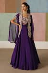 Mishru_Purple Tulle, Organza Embroidery, Zari Open Neck, Avi Cape Lehenga Set _Online_at_Aza_Fashions