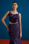 Shop_Mishru_Purple Velvet, Tulle Sequins, Embroidery Audrey Floral Corset Lehenga Set _Online_at_Aza_Fashions
