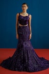 Mishru_Purple Velvet, Tulle Sequins, Embroidery Audrey Floral Corset Lehenga Set _Online_at_Aza_Fashions