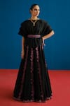 Buy_Mishru_Black Organza Embroidery Round Neck Alana Leaf Motif Top And Skirt Set _at_Aza_Fashions