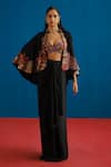 Mishru Black Satin Embroidery, Metallic Thread Marielle Floral Cape Draped Skirt Set at Aza Fashions Mishru_Black Satin Embroidery, Metallic Thread Marielle Floral Cape Draped Skirt Set _at_Aza_Fashions