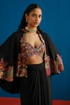 Buy Mishru Black Satin Embroidery, Metallic Thread Marielle Floral Cape Draped Skirt Set Buy_Mishru_Black Satin Embroidery, Metallic Thread Marielle Floral Cape Draped Skirt Set