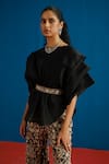 Mishru_Black Organza Embroidery Round Neck Elin Ruffled Top Pant Set _Online_at_Aza_Fashions