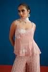 Mishru_Pink Organza, Tulle, Chiffon Embroidery, Sequins Fiona Floral Top Sharara Set _Online_at_Aza_Fashions