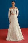 Buy_Mishru_Ivory Tulle Sequins, Beads, Embroidery, Diana Off Shoulder Corset Skirt Set _at_Aza_Fashions