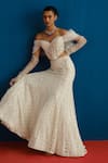 Mishru_Ivory Tulle Sequins, Beads, Embroidery, Diana Off Shoulder Corset Skirt Set _at_Aza_Fashions