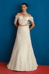 Shop_Mishru_Ivory Tulle Sequins, Beads, Embroidery, Diana Off Shoulder Corset Skirt Set 