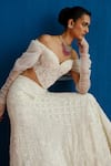 Mishru_Ivory Tulle Sequins, Beads, Embroidery, Diana Off Shoulder Corset Skirt Set _Online