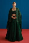 Buy_Mishru_Green Tulle, Organza Embroidery Open , Sweetheart Avi Cape Lehenga Set _at_Aza_Fashions