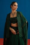 Mishru_Green Tulle, Organza Embroidery Open , Sweetheart Avi Cape Lehenga Set _Online_at_Aza_Fashions