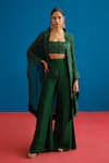 Shop_Mishru_Green Tulle, Organza Embroidery, Sequins Open Neck, Square Lea Cape Pant Set _at_Aza_Fashions