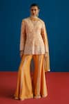 Buy_Mishru_Orange Silk, Tulle Embroidery, Sequins, Beads V-neck Aarika Kurta Palazzo Set _at_Aza_Fashions