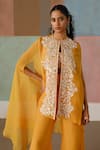 Shop_Mishru_Orange Tulle, Organza Embroidery Round Neck, Sweetheart Aurea Cape Pant Set _Online_at_Aza_Fashions