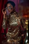Buy_House Of Fett_Gold Mesh Sequins High Neck Goldshim Embellished Short Dress _Online_at_Aza_Fashions