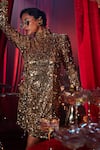 House Of Fett_Gold Mesh Sequins High Neck Goldshim Embellished Short Dress _at_Aza_Fashions