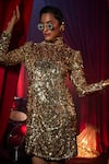 Buy_House Of Fett_Gold Mesh Sequins High Neck Goldshim Embellished Short Dress 