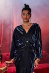 House Of Fett_Blue Lycra Sequins, Embroidery V-neck Reign Embellished Draped Short Dress _Online_at_Aza_Fashions