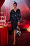Buy_House Of Fett_Blue Lycra Sequins, Embroidery V-neck Reign Embellished Draped Short Dress _at_Aza_Fashions