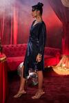 Shop_House Of Fett_Blue Lycra Sequins, Embroidery V-neck Reign Embellished Draped Short Dress _Online_at_Aza_Fashions