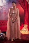 Buy_House Of Fett_Rose Gold Georgette Sequins, Metallic Thread V-neck Tiara Embellished Gown _Online_at_Aza_Fashions