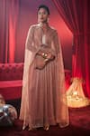 Buy_House Of Fett_Rose Gold Georgette Sequins, Metallic Thread V-neck Tiara Embellished Gown _at_Aza_Fashions