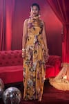 Buy_House Of Fett_Yellow Chinon High Neck Signora Floral Print Gown _at_Aza_Fashions