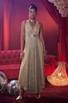 Buy_House Of Fett_Gold Knit Sequins V-neck Shimmer Embellished Gown _at_Aza_Fashions