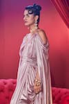 House Of Fett_Pink Knit Sequins, Embroidery V-neck Empress Shimmer Embellished Draped Gown _Online_at_Aza_Fashions