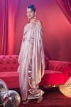 Shop_House Of Fett_Pink Knit Sequins, Embroidery V-neck Empress Shimmer Embellished Draped Gown _Online_at_Aza_Fashions
