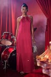 House Of Fett_Pink Satin Sequins Halter Neck Duchess Embellished Dress _at_Aza_Fashions