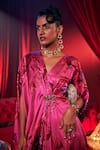 House Of Fett_Pink Satin Sequins, Embroidery V-neck Diva Floral Print Kaftan _Online_at_Aza_Fashions